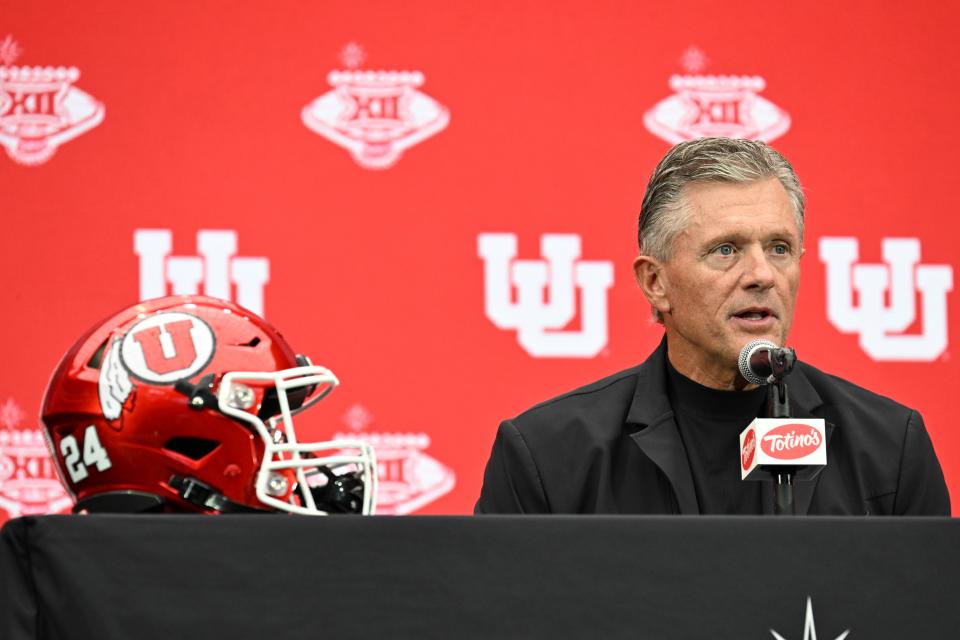 Jul 9, 2024; Las Vegas, NV, USA; Utah Utes head coach Kyle Whittingham speaks to the media during the Big 12 Media Days at Allegiant Stadium. Mandatory Credit: Candice Ward-USA TODAY Sports