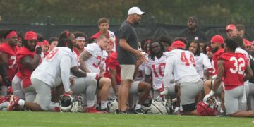 Aug 2, 2024; Columbus, Ohio, USA; Ohio State Buckeyes head coach Ryan Day talks with the team during Fall Camp practice Aug. 2, 2024 at the Woody Hayes Athletic Center.