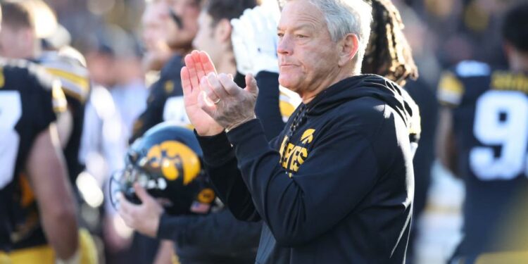 Nov 25, 2022; Iowa City, Iowa, USA; Iowa Hawkeyes head coach Kirk Ferentz watches his team play the Nebraska Cornhuskers at Kinnick Stadium. Mandatory Credit: Reese Strickland-USA TODAY Sports