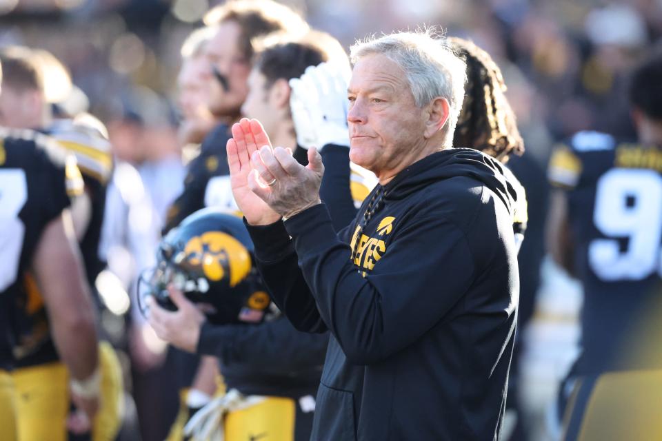 Nov 25, 2022; Iowa City, Iowa, USA; Iowa Hawkeyes head coach Kirk Ferentz watches his team play the Nebraska Cornhuskers at Kinnick Stadium. Mandatory Credit: Reese Strickland-USA TODAY Sports