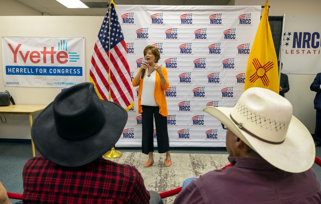 Republican U.S. House candidate Yvette Herrell speaking into a microphone at a campaign event in Las Cruces, New Mexico in 2024