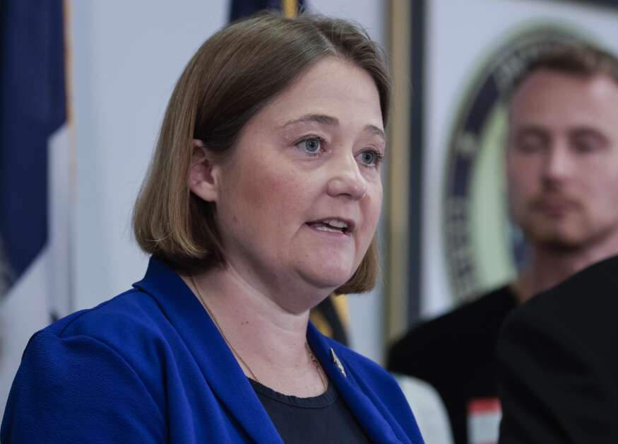 Iowa Attorney General Brenna Bird speaks July 2 during a news conference at the Cedar Rapids Police Department in southwest Cedar Rapids. (Jim Slosiarek/The Gazette)