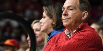 Feb 17, 2024; Tuscaloosa, Alabama, USA; Former Alabama head football coach Nick Saban was in attendance for the Alabama vs Texas A&M game at Coleman Coliseum. Mandatory Credit: Gary Cosby Jr.-USA TODAY Sports ORG XMIT: IMAGN-730227 (Via OlyDrop)