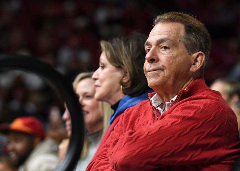 Feb 17, 2024; Tuscaloosa, Alabama, USA; Former Alabama head football coach Nick Saban was in attendance for the Alabama vs Texas A&M game at Coleman Coliseum. Mandatory Credit: Gary Cosby Jr.-USA TODAY Sports ORG XMIT: IMAGN-730227 (Via OlyDrop)