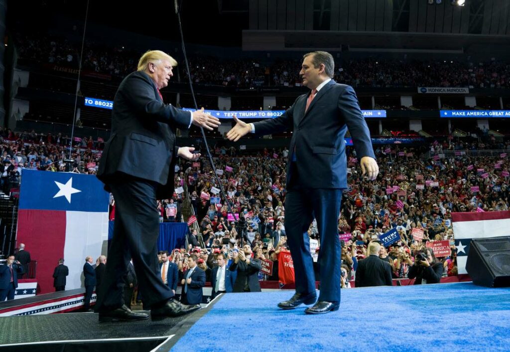 Former President Donald Trump and Sen. Ted Cruz during a 2018 campaign rally. (Doug Mills/The New York Times)