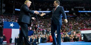 Former President Donald Trump and Sen. Ted Cruz during a 2018 campaign rally. (Doug Mills/The New York Times)