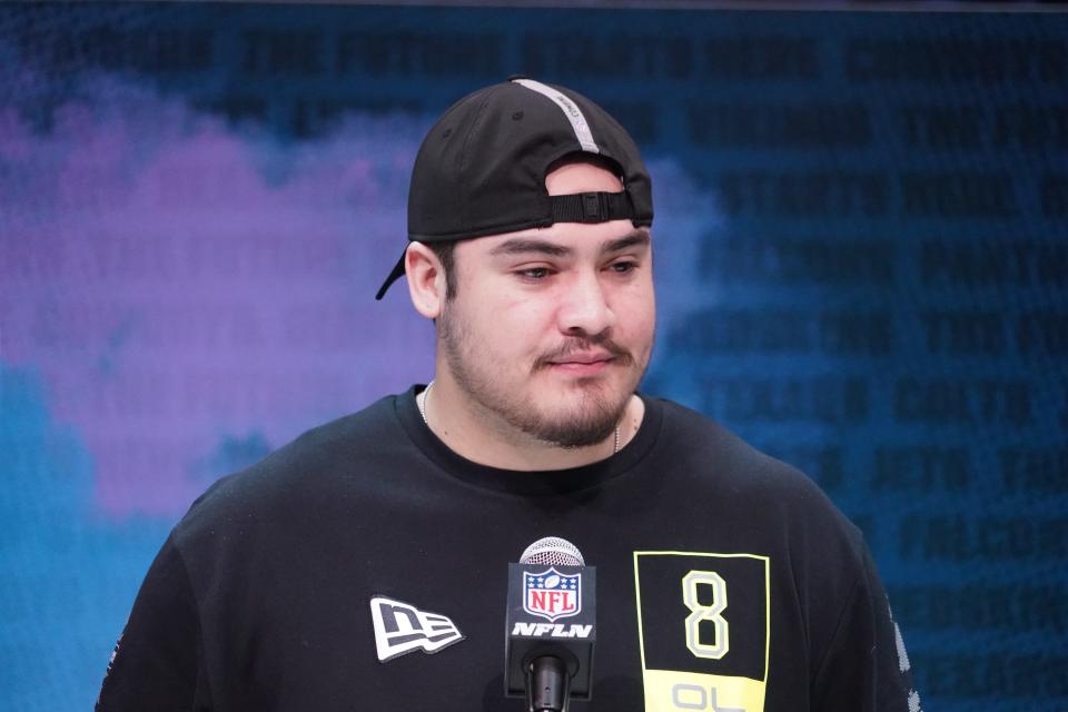 Feb 26, 2020; Indianapolis, Indiana, USA; Arizona State Sun Devils lineman Cohl Cabral during the NFL Scouting Combine at the Indiana Convention Center. Mandatory Credit: Kirby Lee-USA TODAY Sports