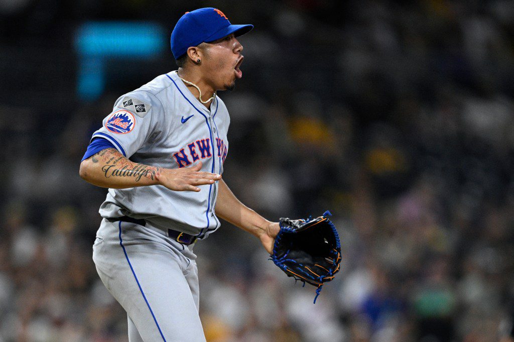 New York Mets relief pitcher Dedniel Nunez (72) celebrates on the field after defeating the San Diego Padres at Petco Park.