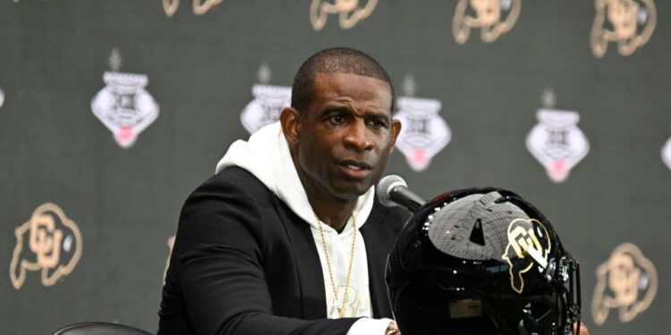 Colorado head coach Deion Sanders speaks to the media during the Big 12 Media Days at Allegiant Stadium. Mandatory Credit: Candice Ward-USA TODAY Sports