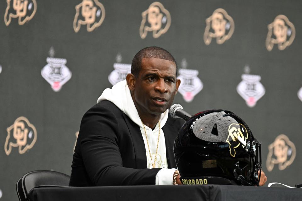 Colorado head coach Deion Sanders speaks to the media during the Big 12 Media Days at Allegiant Stadium. Mandatory Credit: Candice Ward-USA TODAY Sports