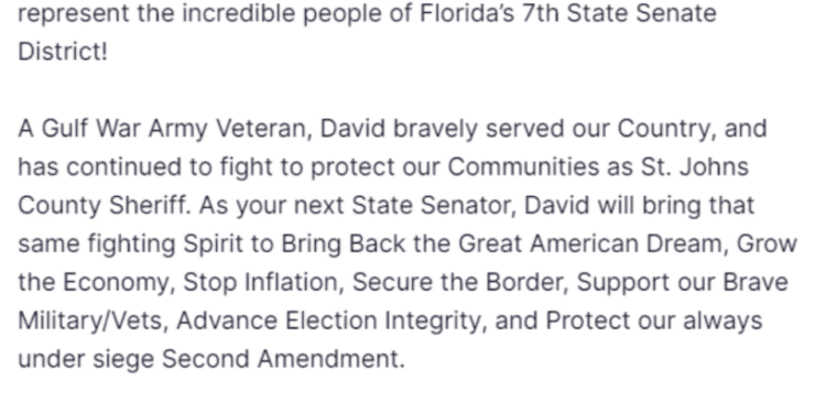 This Truth Social post by former President Donald Trump endorses David Shoar for Florida Senate District 7 in the Aug. 20 Republican primary.