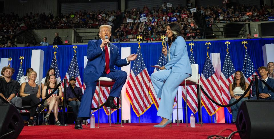 Former President Donald Trump makes a campaign appearance Thursday, August 29, 2024 at the La Crosse Center in La Crosse Wis. The town hall format was hosted by former Democratic congresswoman Tulsi Gabbard.