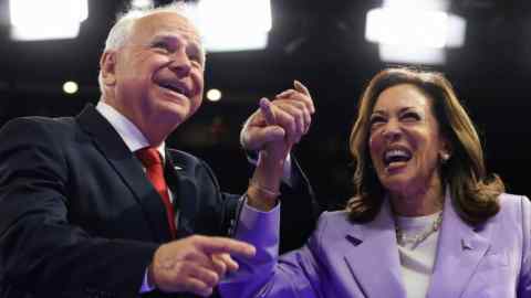 Democratic presidential candidate and US Vice President Kamala Harris and her vice-presidential running mate Minnesota Governor Tim Walz