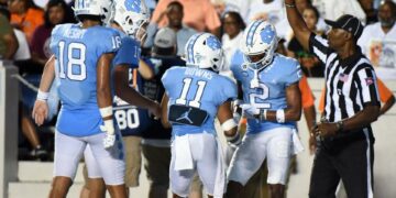 Aug 27, 2022; Chapel Hill, North Carolina, USA; North Carolina Tar Heels receiver Gavin Blackwell (2) is greeted by teammates after scoring a touchdown during the first half against the Florida A&M Rattlers at Kenan Memorial Stadium. Mandatory Credit: Rob Kinnan-USA TODAY Sports