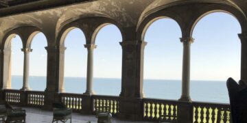 An open terrace at The Breakers mansion in Newport, R.I., faces the Atlantic Ocean.