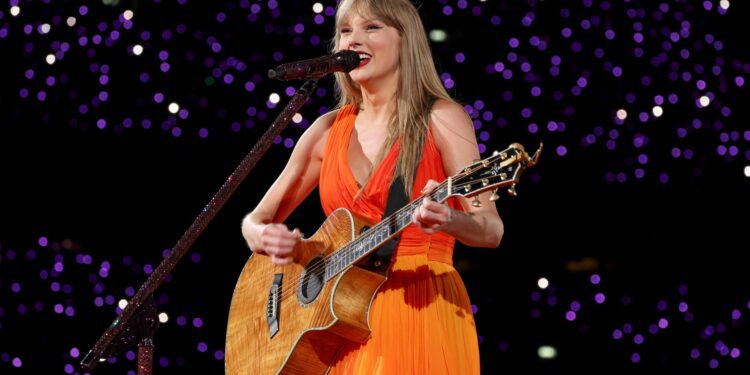 Taylor Swift performs onstage during The Eras Tour at Wembley Stadium on June 21, 2024, in London.