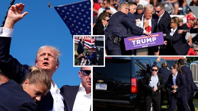 Donald Trump has been rushed off stage at a rally in Pennsylvania with blood streaming down his face after gunshots were heard at the event.