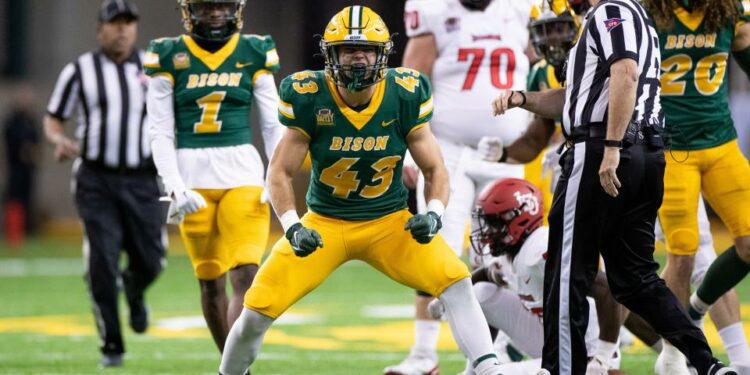 FARGO, NORTH DAKOTA - OCTOBER 29: Logan Kopp #43 of the North Dakota State Bison celebrates a tackle against the Illinois State Redbirds at FARGODOME on October 29, 2022 in Fargo, North Dakota. (Photo by Sean Arbaut/Getty Images)