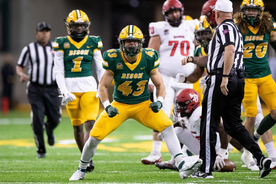 FARGO, NORTH DAKOTA - OCTOBER 29: Logan Kopp #43 of the North Dakota State Bison celebrates a tackle against the Illinois State Redbirds at FARGODOME on October 29, 2022 in Fargo, North Dakota. (Photo by Sean Arbaut/Getty Images)