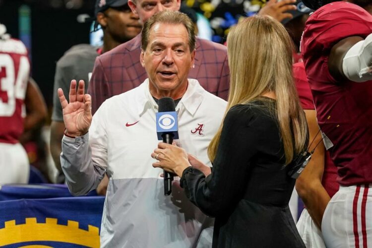 Dec 4, 2021; Atlanta, GA, USA; Alabama Crimson Tide head coach Nick Saban is interviewed after winning the SEC Championship by defeating the Georgia Bulldogs at Mercedes-Benz Stadium. Mandatory Credit: Dale Zanine-USA TODAY Sports