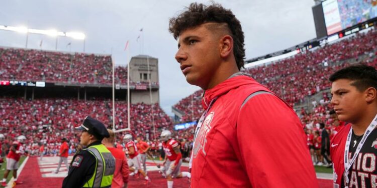 Sept. 3, 2022; Columbus, Ohio; Quarterback recruit Dylan Raiola walks the sideline prior to the NCAA football game between the Ohio State Buckeyes and Notre Dame Fighting Irish at Ohio Stadium. Adam Cairns-USA TODAY Sports