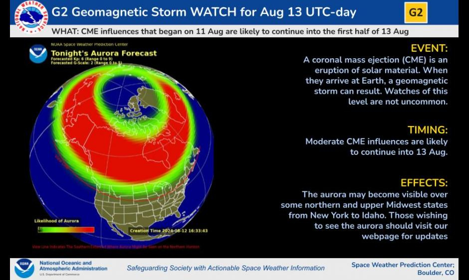 An aurora alert map for Aug. 13, 2024 from NOAA's Space Weather Prediction Center showing regions with good aurora chances in red and green.