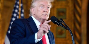 Republican presidential nominee former President Donald Trump speaks to reporters during a news conference at his Mar-a-Lago estate Thursday, Aug. 8, 2024, in Palm Beach, Fla. (AP Photo/Alex Brandon)