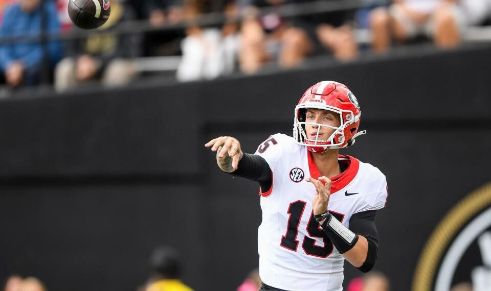 Oct 14, 2023; Nashville, Tennessee, USA; Georgia Bulldogs quarterback Carson Beck (15) throws a pass against the Vanderbilt Commodores during the second half at FirstBank Stadium. Mandatory Credit: Steve Roberts-USA TODAY Sports