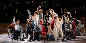 French singer Lucky Love (center) performs during the Paris 2024 Paralympic Games Opening Ceremony at the Place de la Concorde in Paris on Aug. 28, 2024.