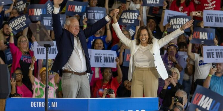 Minnesota Gov. Tim Walz and Vice President Kamala Harris are scheduled to wrap up their five-day campaign tour of battleground states Saturday in Las Vegas. File Photo by Rena Laverty/UPI