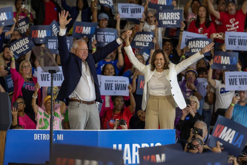 Minnesota Gov. Tim Walz and Vice President Kamala Harris are scheduled to wrap up their five-day campaign tour of battleground states Saturday in Las Vegas. File Photo by Rena Laverty/UPI