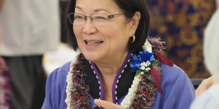 U.S. Senator Mazie Hirono gesturing with her hands while speaking at the Democratic Party of Hawaii Unity Breakfast on Sunday the 14th, 2022. Civilbeat photos Ronen Zilberman.