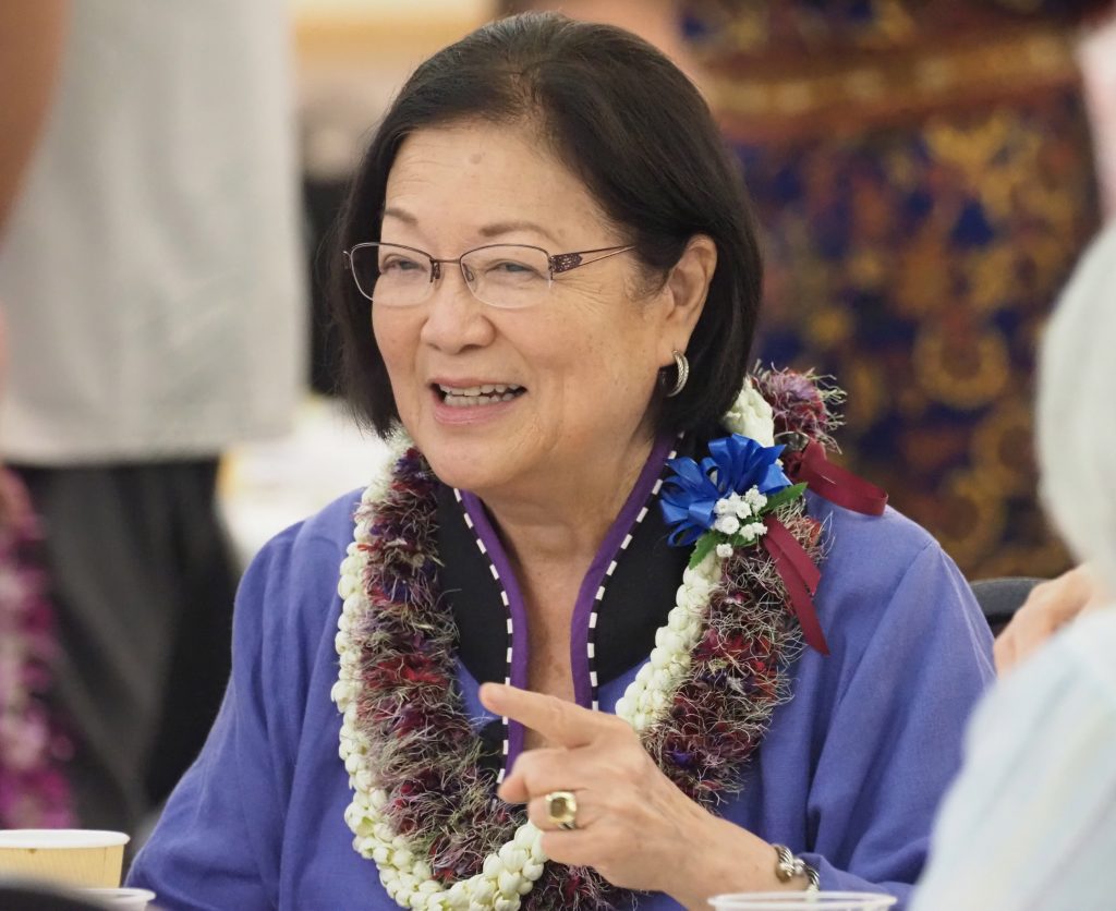 U.S. Senator Mazie Hirono gesturing with her hands while speaking at the Democratic Party of Hawaii Unity Breakfast on Sunday the 14th, 2022. Civilbeat photos Ronen Zilberman.