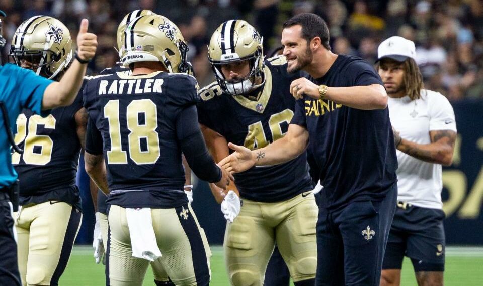 Aug 25, 2024; New Orleans, Louisiana, USA; New Orleans Sainte quarterback Derek Carr (4) and fullback Adam Prentice (46) congratulate quarterback Spencer Rattler (18) after passing a touchdown against the Tennessee Titans during the first half at Caesars Superdome. Mandatory Credit: Stephen Lew-USA TODAY Sports