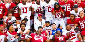 Apr 20, 2024; Norman, OK, USA; Oklahoma Sooners take a team photo after the Oklahoma Sooners spring game at Gaylord Family OK Memorial Stadium. Mandatory Credit: Kevin Jairaj-USA TODAY Sports