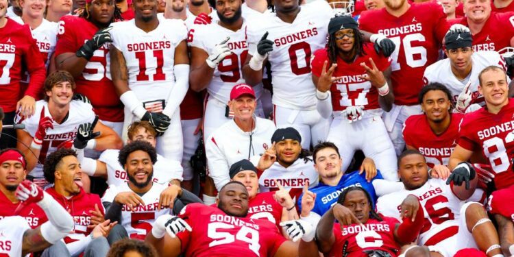 Apr 20, 2024; Norman, OK, USA; Oklahoma Sooners take a team photo after the Oklahoma Sooners spring game at Gaylord Family OK Memorial Stadium. Mandatory Credit: Kevin Jairaj-USA TODAY Sports