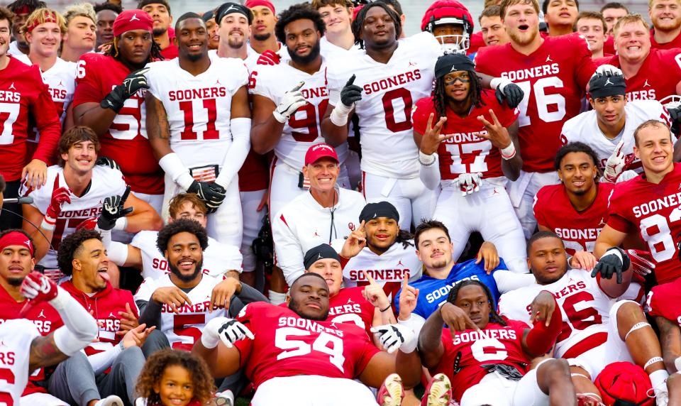 Apr 20, 2024; Norman, OK, USA; Oklahoma Sooners take a team photo after the Oklahoma Sooners spring game at Gaylord Family OK Memorial Stadium. Mandatory Credit: Kevin Jairaj-USA TODAY Sports