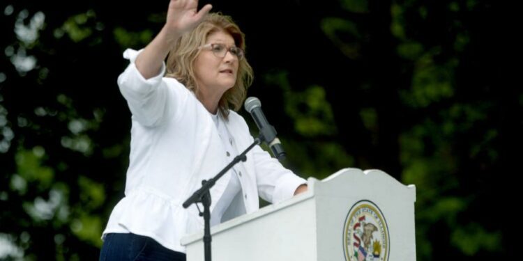 Illinois Republican Party Chairwoman Kathy Salvi speaks during Republican Day at the Illinois State Fair Thursday, Aug. 15, 2024.