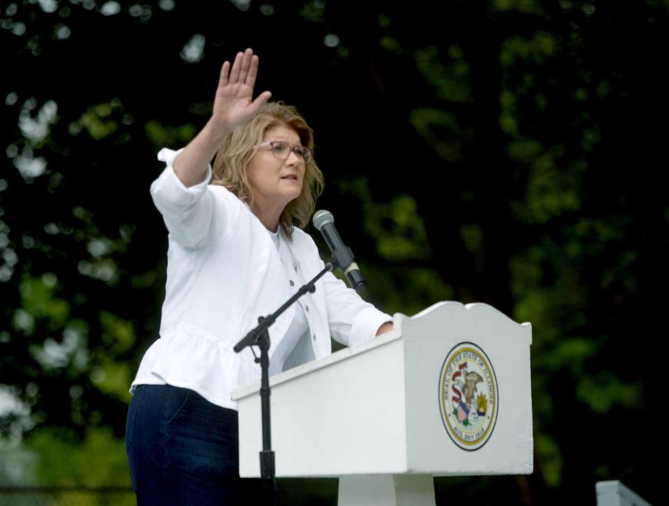 Illinois Republican Party Chairwoman Kathy Salvi speaks during Republican Day at the Illinois State Fair Thursday, Aug. 15, 2024.