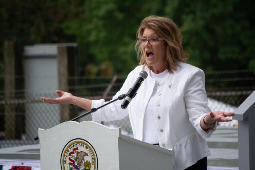 New ILGOP Chair Kathy Salvi speaks to attendees of Republican Day at the Illinois State Fair on Thursday. Salvi, a mother of six, told the party that “we need a little mothering.” (Capitol News Illinois photo by Jerry Nowicki)