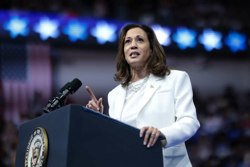 Democratic presidential nominee, U.S. Vice President Kamala Harris speaks at a campaign rally at the Enmarket Arena August 29, 2024 in Savannah, Georgia. Harris has campaigned in southeast Georgia for the past two days. (Photo by Win McNamee/Getty Images)