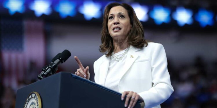 Democratic presidential nominee, U.S. Vice President Kamala Harris speaks at a campaign rally at the Enmarket Arena August 29, 2024 in Savannah, Georgia. Harris has campaigned in southeast Georgia for the past two days. (Photo by Win McNamee/Getty Images)