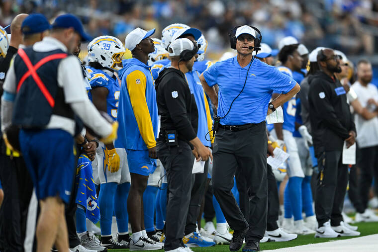 USA TODAY
                                Los Angeles Chargers head coach Jim Harbaugh on the sidelines against the Seattle Seahawks during the fourth quarter at SoFi Stadium on Saturday.