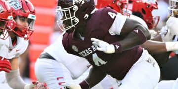 Sep 2, 2023; College Station, Texas, USA; Texas A&M Aggies defensive lineman Shemar Stewart (4) in action during the first half against the New Mexico Lobos at Kyle Field. Mandatory Credit: Maria Lysaker-USA TODAY Sports