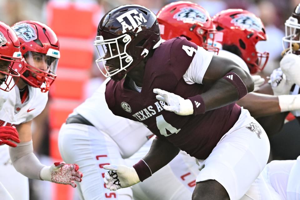 Sep 2, 2023; College Station, Texas, USA; Texas A&M Aggies defensive lineman Shemar Stewart (4) in action during the first half against the New Mexico Lobos at Kyle Field. Mandatory Credit: Maria Lysaker-USA TODAY Sports