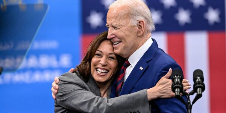 Vice President Kamala Harris embraces President Joe Biden after a speech on healthcare in Raleigh, N.C., Tuesday, March. 26, 2024. (AP Photo/Matt Kelley)