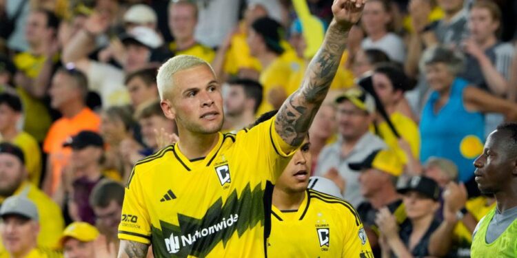 Jun 22, 2024; Columbus, OH, USA; Columbus Crew forward Christian Ramirez (17) celebrates his goal against Sporting KC during the second half of their MLS game at Lower.com Field.