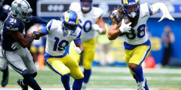 INGLEWOOD, CALIFORNIA - AUGUST 11: Jordan Whittington #88 of the Los Angeles Rams runs the ball against the Dallas Cowboys in the first half during a preseason game at SoFi Stadium on August 11, 2024 in Inglewood, California. (Photo by Ronald Martinez/Getty Images)