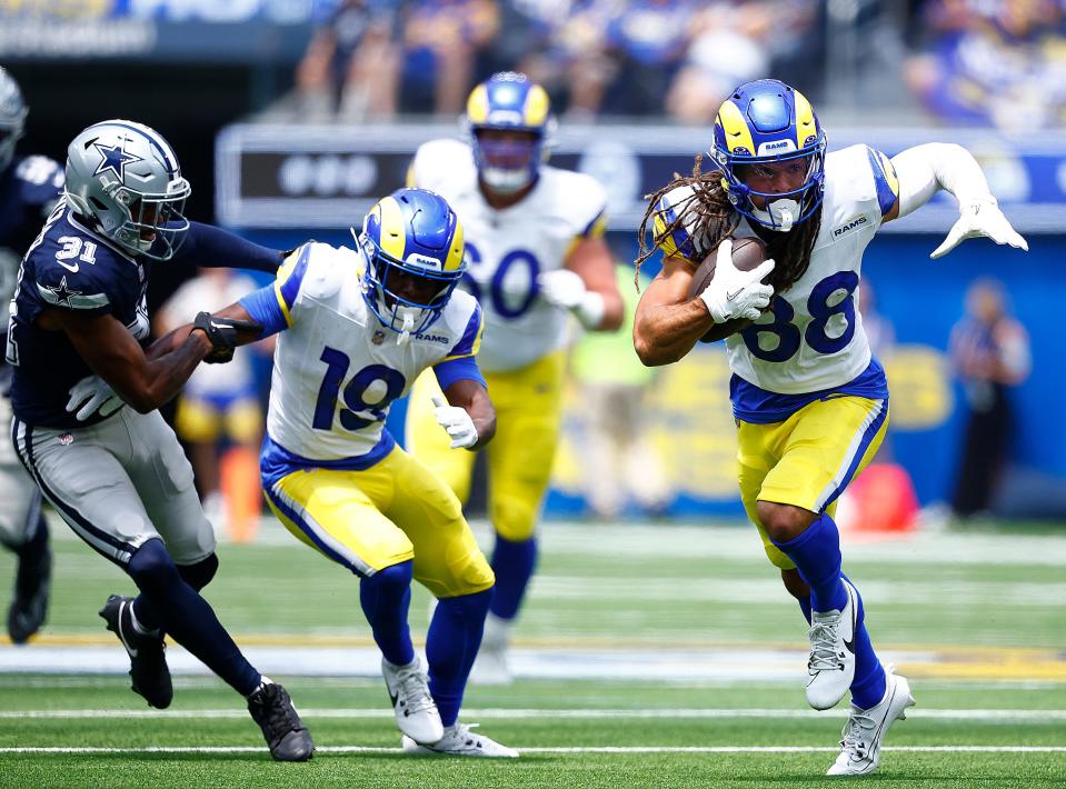 INGLEWOOD, CALIFORNIA - AUGUST 11: Jordan Whittington #88 of the Los Angeles Rams runs the ball against the Dallas Cowboys in the first half during a preseason game at SoFi Stadium on August 11, 2024 in Inglewood, California. (Photo by Ronald Martinez/Getty Images)