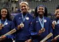 Medal ceremony for Team USA in the women's track and field 4x100m relay